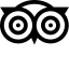 Logo minimaliste noir et blanc d'une tête de chouette aux grands yeux ronds, emblème TripAdvisor.
