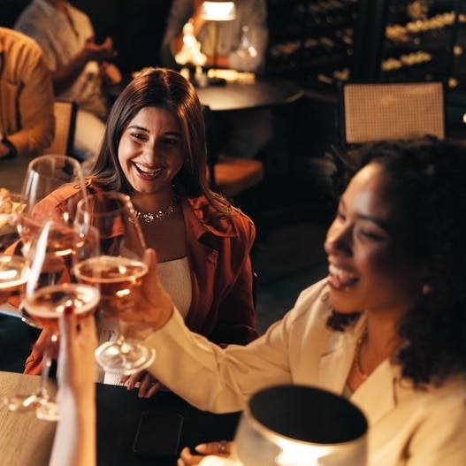 Soirée entre Amies et Dégustation de Vin au Restaurant Deux amies souriantes trinquent avec du vin rosé dans un restaurant chaleureux lors d'une soirée conviviale.